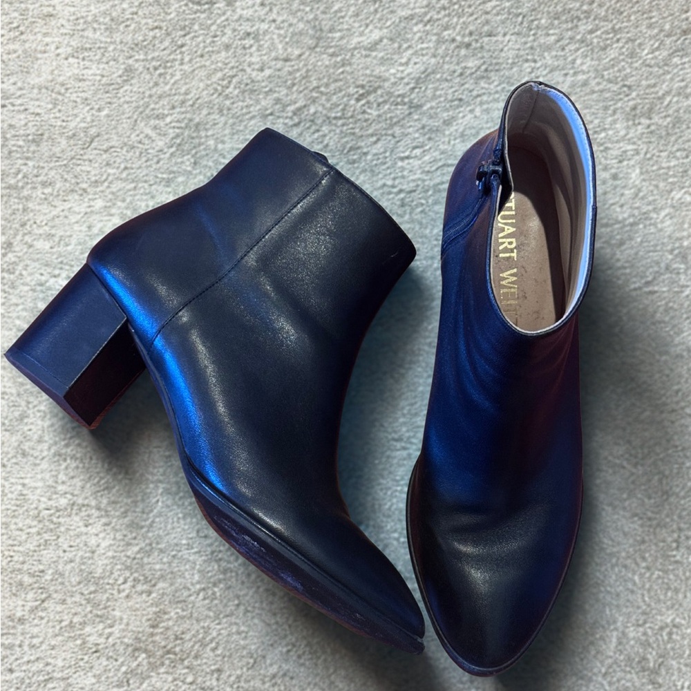 Stuart Weitzman Black Leather Ankle Boots – 2” Block Heel Booties